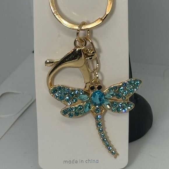 BAG CHARM Blue Crystal Dragonfly Keychain Charm - Gold Accent - Picture 7 of 9